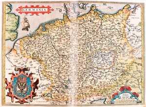 Germania Geographiekarte des Territoriums von Germania (Heiliges Römisches Reich) aus „Theatrum Orbis Terrarum“ von Abraham Ortelius