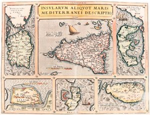 Insularum Aliquot Maris Mediterranei Descriptio. Geographische Karte der Mittelmeerinseln Sizilien, Sardinien, Korfu, Malta, Djerba und Elba aus „Theatrum Orbis Terrarum“ von Abraham Ortelius