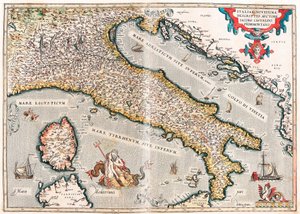 Italiae novissima descriptio auctore Iacobo Castaldo Pedemontano. Geographische Karte des Territoriums von Italien aus „Theatrum Orbis Terrarum“ von Abraham Ortelius