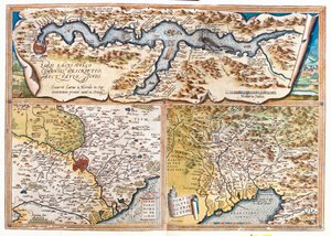 Comer See (Italien; Region: Lombardei), Rom (Italien; Region: Latium), Golf von Triest (Italien: Region Friaul-Julisch Venetien; Slowenien: traditionelle Region Slowenisches Küstenland; Kroatien: Istrien) von Abraham Ortelius