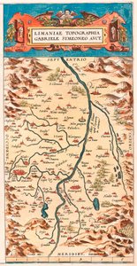 Limaniae topographed Gabriele Symeoneo Avct. Geografische Karte des Loire-Gebiets mit den Schlössern und Städten entlang des Flusses (Beaumont, Aigueperse, Clermont und Montferan (Montferrand), Beauregard, Cignac, Montaigu, Puy Guillaume...) aus „Theatrum  von Abraham Ortelius
