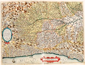 Pedemontanae Vicinorumque Regionum Auctore Iacobo Castaldo Descrip. Geographische Karte des Gebiets von Italien von Monaco in Frankreich bis Genua und durch die Provinzen Imperia de Savona und Genua aus „Theatrum Orbis Terrarum“ von Abraham Ortelius