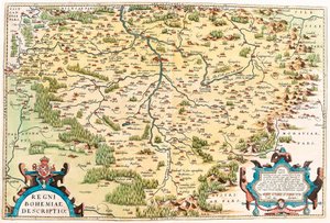 Regni Bohemiae Descriptio Geographiekarte des Territoriums von Böhmen aus „Theatrum Orbis Terrarum“ von Abraham Ortelius