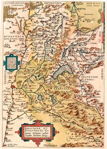 Sabaudia et Burgundiae Comitus description Geographische Karte des Territoriums von Burgund und Savoyen (Pontarlier, Dijon, Lac Leman und Schweiz) aus „Theatrum Orbis Terrarum“ von Abraham Ortelius (Oertel, Ortell oder Ortel)