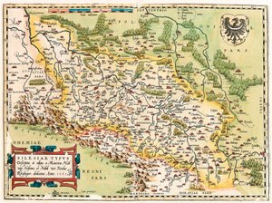 Silesia Typus Descriptio und Descriptus et editus Martino Heilwid Neilsense, und Nobili viro Nicolao Rhedinger dedicatus Anno 1561. Geographische Karte des Gebiets südlich von Frankfurt in Deutschland nahe Polen aus „Theatrum Orbis Terrarum“ von Abraham Or