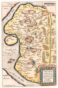 Thietmarsiae, Holsaticae regionis partes typus Geographische Karte von Norddeutschland mit der Stadt Kuden aus „Theatrum Orbis Terrarum“ von Abraham Ortelius