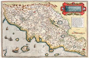 Thusciae. Descriptio auctore Hieronymo Bellamarto. Geographische Karte des Territoriums der Toskana in Italien aus „Theatrum Orbis Terrarum“ von Abraham Ortelius