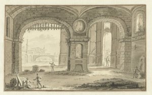 Fantasierte italienische Stadtansicht mit klassischen Bauwerken von Abraham Rademaker