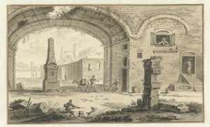 Fantasieansicht einer italienischen Stadt mit klassischen Bauwerken und Durchblick unter einem Bogen von Abraham Rademaker