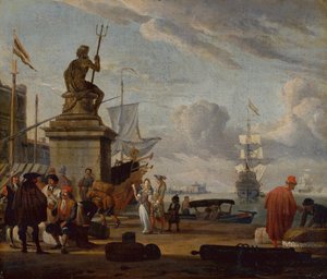Ein Capriccio-Mittelmeerhafen mit eleganten Figuren und Händlern