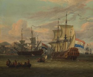 Holländische Straßenfahrer bei einem Hafen am Mittelmeer von Abraham Storck