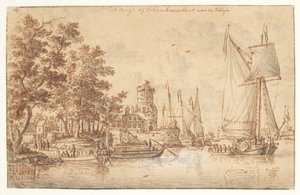 Rheinlandschaft mit Burg und Schiffen