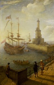 Ein spanisches Dreimastschiff vor der Küste von Neapel (Italien), gesehen von einem gepflasterten Pier in der Stadt, in Richtung Leuchtturm und Gebäude des Mittelmeerhafens