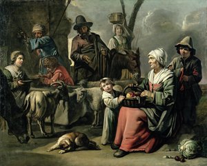 Bauernfamilie an einem Brunnen
