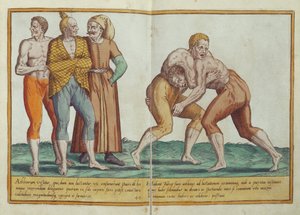 Türken beim Ringen, Kostüme des sechzehnten Jahrhunderts aus Omnium Poene Gentium Imagines, veröffentlicht in Köln, 1577 von Abraham de Bruyn