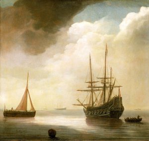 Niederländisches Schiff auf ruhiger See. Zu seiner Linken ein arbeitendes Fischerboot, zu seiner Rechten ein verankertes Boot. Öl auf Holz von Abraham de Verwer (um 1585-1650)