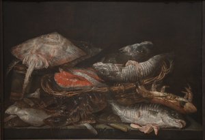 Stillleben mit Fisch auf einem Steintisch