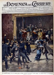 Ein ehemaliger niederländischer Seemann versuchte, das berühmte Gemälde von Rembrandt van Rijn (1606-1669), „Die Nachtwache“, zu zerstören. Titelblatt von „La Domenica del Corriere“, Ill. von Beltrame, 01/1911