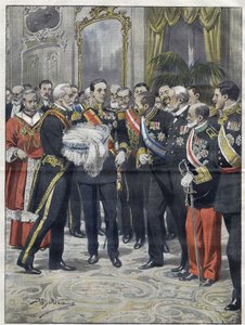 Alfonso XIII (1886-1941), König von Spanien bei der Zeremonie der Vorstellung seines Sohnes Alfonso (1907-1938), Graf von Covadonga, Prinz von Asturien. Zeichnung von Achille Beltrame. von 1907. von Achille Beltrame