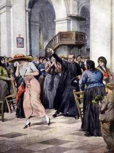 Ein Beispiel religiösen Moralismus: Eine junge Frau wird von einem Priester und den Gläubigen aus der Kirche gejagt, weil sie leicht bekleidet ist. Ill. von A. Beltrame. "La Domenica del Corriere" von Achille Beltrame