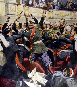 Attentat auf den russischen Minister Stolypin im Stadttheater von Kiew (Illustration von Beltrame) von Achille Beltrame