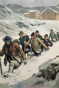 Italienische Arbeiter überqueren den St. Bernhard-Pass zwischen Aosta und der Schweiz. Titelblatt von „La Domenica del Corriere“. 14.02.1904. Lithografie. von Achille Beltrame