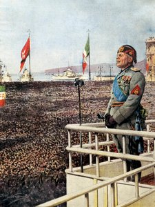 Benito Mussolini. Italienischer faschistischer Politiker, Italiens Duce (1925-1943). Der Duce spricht zu den Menschen von Triest und der Welt (September 1938). Illustration von Achille Beltrame für „Domenica del Corriere“