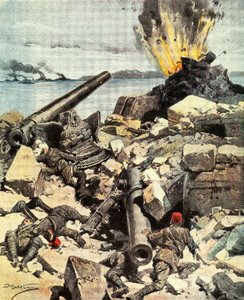 Schlacht von Dardanellen, anglo-französische Flotte zerstört Dardanellen-Forts, um die Meerenge zu durchbrechen und nach Konstantinopel zu gelangen, Illustration aus La Domenica del Corriere, 14.-21. März