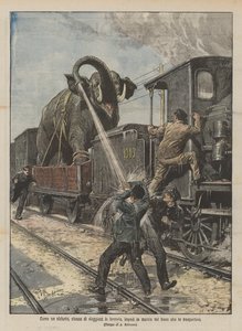 Wie ein Elefant, müde vom Reisen mit der Eisenbahn, den Zug, der ihn transportierte, aufhielt
