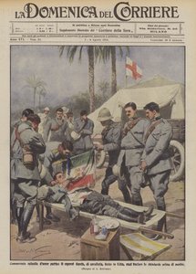 Rührende Episode des patriotischen Mutes, der Korporal Carola, Kavallerie, verwundet in Libyen, will die Fahne küssen