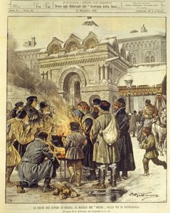 Titelillustration von Mujiks, die Weihnachten auf den Straßen von Sankt Petersburg feiern von Achille Beltrame