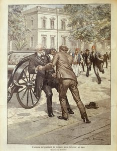 Titelillustration des Attentats auf den griechischen Premierminister Delyannis; Athen, Griechenland von Achille Beltrame
