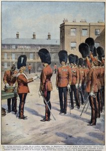 Verteilung von Klee für den heiligen Patrick (Schutzpatron von Irland) durch irische Regimenter, England - Zeichnung von A. Beltrame, in „La Domenica del Corriere“