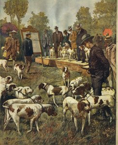 Hundeschau und Feldversuche von Jagdhunden in San Siro (Mailand) (Illustration) von Achille Beltrame