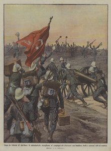 Nach dem Sieg von Ain-Zara, die begeisterten Begrüßungen der zurückkehrenden Kameraden mit Fahnen von Achille Beltrame