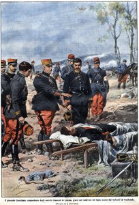 Episode des Krieges von 1914: General Noel Edouard de Curieres de Castelnau (1851-1944), Kommandant der französischen Armee in Lothringen, schwört am Leichnam seines toten Sohnes, ihn zu rächen. Illustration von Achille Beltrame in „La Domenica del Corrier von Achille Beltrame
