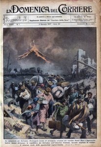 Exodus der Bevölkerung von El Salvador nach dem Erdbeben und den Ausbrüchen des Vulkans Santa Rita. Illustration von Achille Beltrame in 