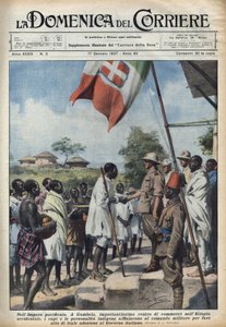 Faschismus 1937: Treffen in Gambela, dem Handelszentrum des äthiopischen Reiches, von einheimischen Häuptlingen und Persönlichkeiten, um einen Akt der Zugehörigkeit zur italienischen Regierung zu machen. Illustration von Achille Beltrame in „La domenica de