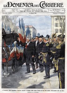Französischer Präsident Armand Fallieres verleiht die Ehrenlegion-Medaille, Ill. von Beltrame, La Domenica del Corriere, 31.03.1907 von Achille Beltrame