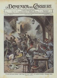 Die Exzesse des Balkankriegs, bulgarische Soldaten zünden unter dem Jubel ihrer Kameraden Häuser an