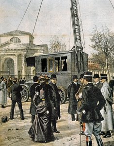 Guglielmo Marconi beobachtet in Mailand den Test der ersten mobilen Radiostation. Illustration von Achille Beltrame für „Domenica del Corriere“ (1906). Gravur von Achille Beltrame