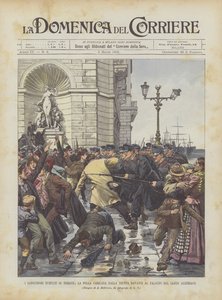 Die blutigen Unruhen in Triest, die Menge wird vor dem Palast des österreichischen Lloyds von Truppen angegriffen