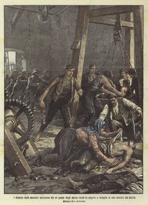 Die Dramen der Bergwerke, Bergleute werden nach einer Explosion in einem walisischen Bergwerk aus einem Schacht geborgen