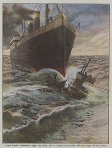 Die großen Katastrophen, ein deutsches Transatlantikschiff rammt und versenkt ein U-Boot von Achille Beltrame