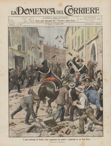 Die schweren Unruhen in Parma, blutiger Kampf zwischen Soldaten und Streikenden in der Via Nino Bixio von Achille Beltrame