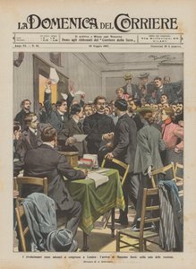 Die russischen Revolutionäre versammeln sich in London, die Ankunft von Maxim Gorki im Versammlungssaal von Achille Beltrame
