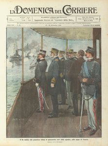 Der König beobachtet die großartige Parade von achtundvierzig Schiffen der Flotte in den Gewässern von Venedig von Achille Beltrame
