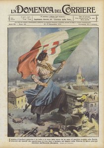 Der Feind, der barbarische Peiniger, ist auf der Flucht, und die durch ein Jahr des Martyriums geheiligten Länder kehren zur Heimat zurück von Achille Beltrame