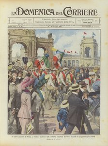 Der Gruß von Rom an Turin, Abfahrt der Fahrradstaffeln aus Rom mit der Pergamentrolle für Turin