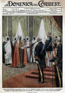 Im Thronsaal des Quirinalspalastes empfing der italienische König Viktor Emanuel III (Viktor Emanuel) (Vittorio Emanuele) die Senousist-Mission der Cyrenaika (in Libyen), die gekommen war, um Tribut und Glückwünsche zum Sieg der italienischen Truppen zu von Achille Beltrame